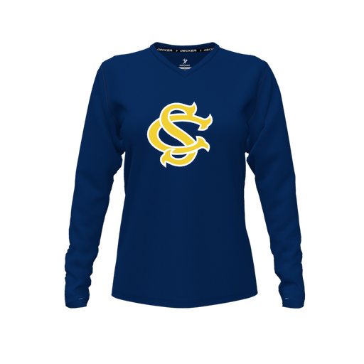 [CUS-DFW-TEES-CMF-VNK-LSL-NVY-FYXS-LOGO1] Comfort T-Shirt (Female Youth XS, Navy, V Neck, Logo 1, Long Sleeve)