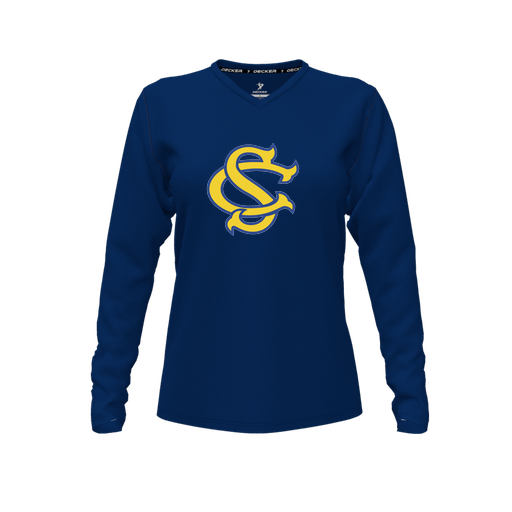 [CUS-DFW-TEES-CMF-VNK-LSL-NVY-FYXS-LOGO3] Decker Comfort T-Shirt (Female Youth XS, Navy, V Neck, Logo 3, Long Sleeve)