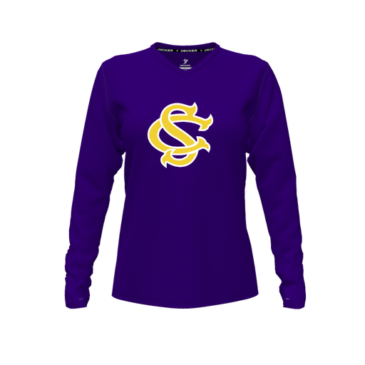 [CUS-DFW-TEES-CMF-VNK-LSL-PUR-FYXS-LOGO1] Decker Comfort T-Shirt (Female Youth XS, Purple, V Neck, Logo 1, Long Sleeve)