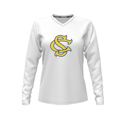 [CUS-DFW-TEES-PER-VNK-LSL-WHT-FYXS-LOGO3] Decker Performance T-Shirt (Female Youth XS, White, V Neck, Logo 3, Long Sleeve)