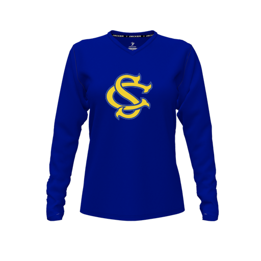[CUS-DFW-TEES-PER-VNK-LSL-RYL-FYXS-LOGO3] Performance T-Shirt (Female Youth XS, Royal, V Neck, Logo 3, Long Sleeve)