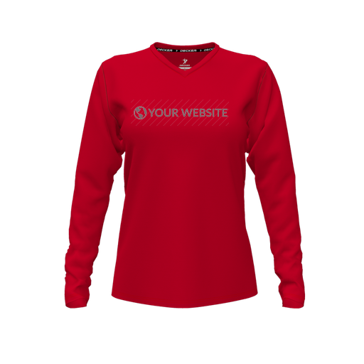 [CUS-DFW-TEES-PER-VNK-LSL-RED-FYXS-LOGO2] Performance T-Shirt (Female Youth XS, Red, V Neck, Logo 2, Long Sleeve)