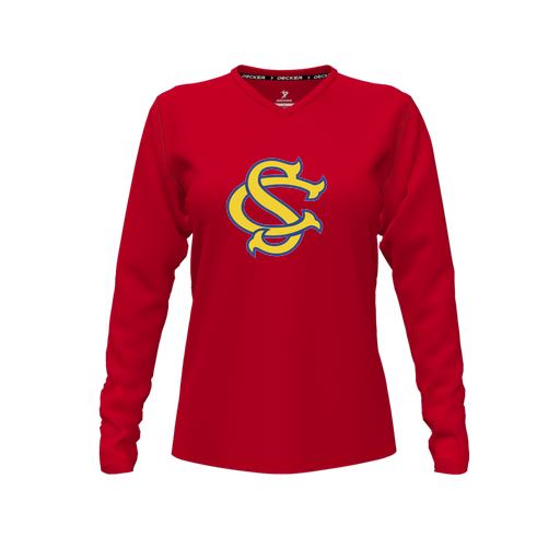 [CUS-DFW-TEES-PER-VNK-LSL-RED-FYXS-LOGO3] Decker Performance T-Shirt (Female Youth XS, Red, V Neck, Logo 3, Long Sleeve)